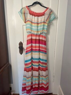 Vintage Coral & Multicolor Striped Maxi Dress